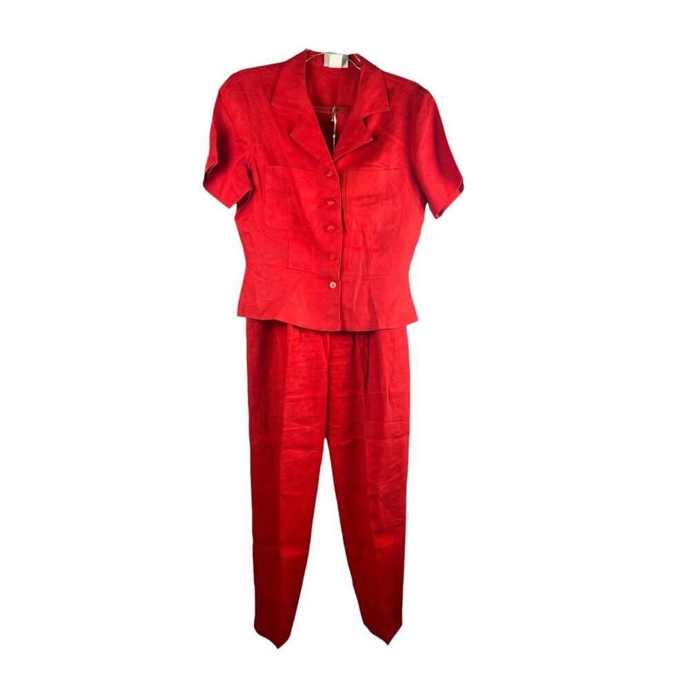 Vintage Red Linen Pant Suit Size 4 Tailored Blazer Trousers Coastal Chic Set - Picture 2 of 9